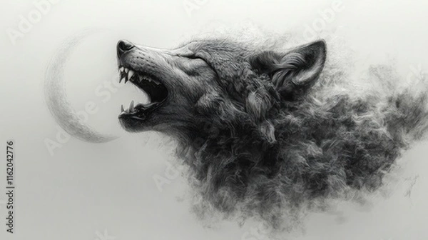 Fototapeta Howling wolf in moonlight, grayscale art.