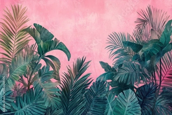 Fototapeta Lush tropical leaves against a pink wall.