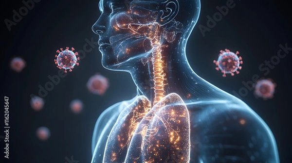 Fototapeta A man's body is shown with a virus in the background. The man's body is made of blue and red, and the virus is shown in red. Scene is serious and ominous