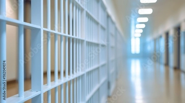 Fototapeta A narrow corridor lined with blue prison bars, creating a stark, somber atmosphere, emphasizing confinement and isolation.