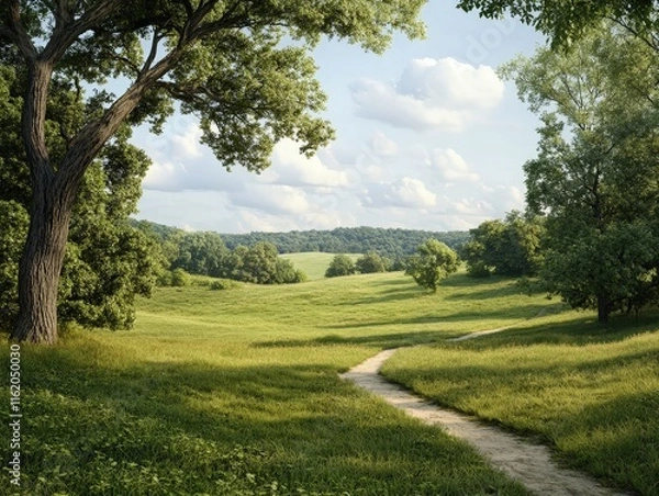 Fototapeta Serene Rural Landscape with Lush Green Meadow, Tree Line, and Scenic Pathway Under Beautiful Blue Sky with Clouds
