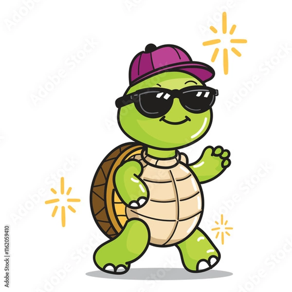 Fototapeta Cute Turtle Cartoon with Sunglasses and Simple Hat good for Sticker, Meme, Design Element