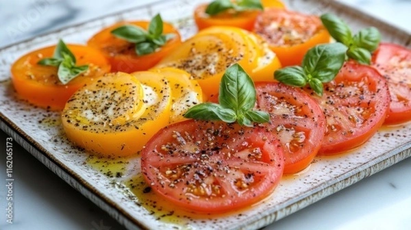 Fototapeta Sliced heirloom tomatoes with basil and seasoning.