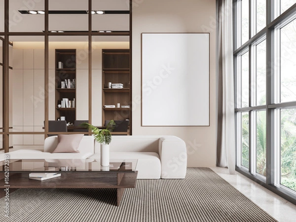 Fototapeta Blank canvas poster mockup on modern living room wall, stylish furniture, and natural light from large windows. 3D Rendering