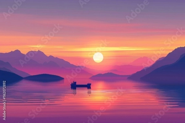 Fototapeta Serene Sunset over Majestic Mountains and Tranquil Waters with a Lone Vessel