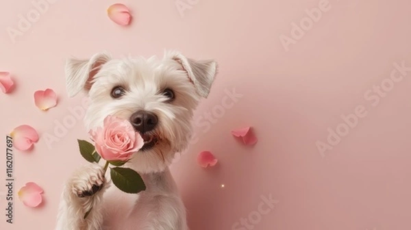 Fototapeta Playful Mini Schnauzer Holding a Rose in Its Mouth