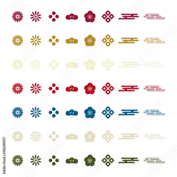 Obraz お正月カラーの和柄花アイコンセット