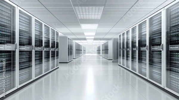 Fototapeta Shot of Corridor in Working Data Center Full of Rack Servers and Supercomputers with Cloud Storage Advantages Icon Visualisation.