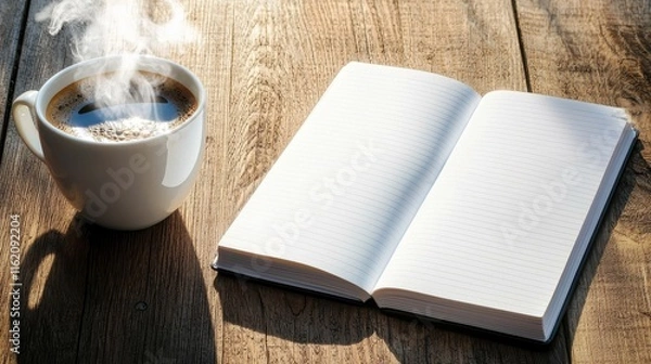 Fototapeta Beginning moments steaming coffee cup next to a blank notebook on a wooden table inspiring creativity and reflection