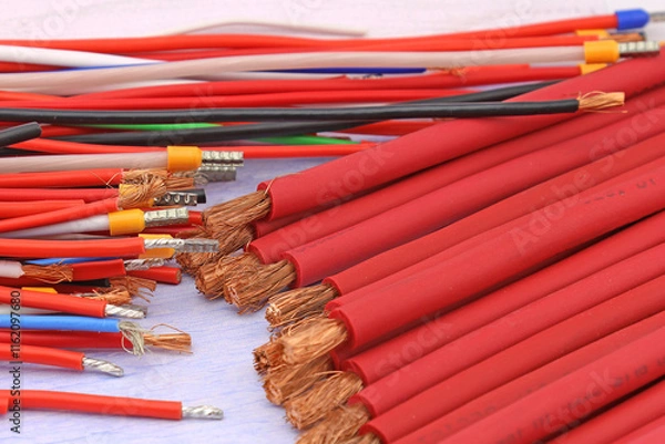 Fototapeta Electric copper stranded insulated mounting wires. Close-up. Soft focus. 