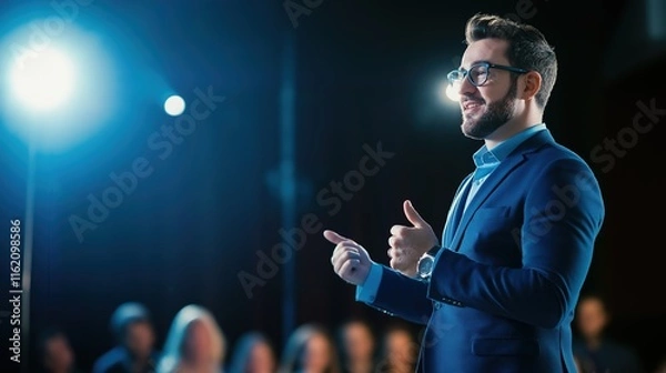 Fototapeta Celebrity public speaker giving an inspiring talk at an international business development conference. Business man using a microphone to deliver a strong message and coaching advice