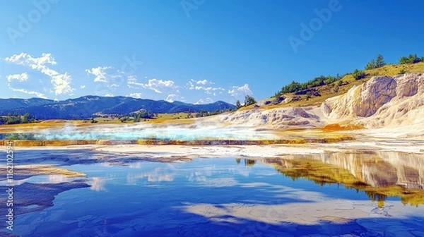 Fototapeta Vibrant Hot Spring in a Scenic National Park Surrounded by Lush Mountains and Clear Sky Captured During the Daytime in Yellowstone