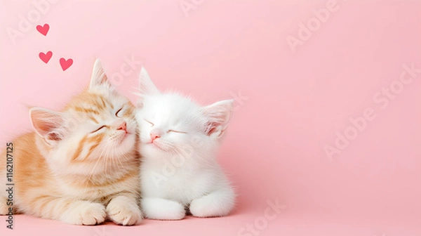 Obraz Adorable cats cuddling close-up of cute playful love on pink background