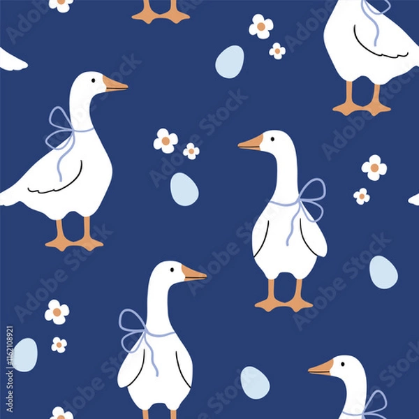 Obraz Seamless vector pattern with white goose, flower and egg. Hand drawn cute Easter goose pattern. Perfect for textile, wallpaper or nursery print design.