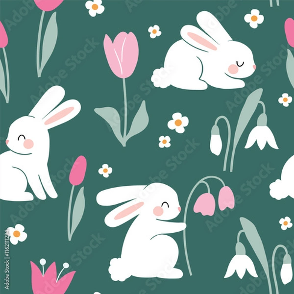 Fototapeta Seamless vector pattern with white rabbits on floral background. Hand drawn cute Easter bunny pattern. Perfect for textile, wallpaper or nursery print design.