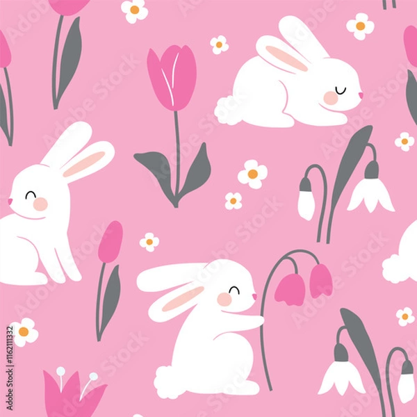 Fototapeta Seamless vector pattern with white rabbits on floral background. Hand drawn cute Easter bunny pattern. Perfect for textile, wallpaper or nursery print design.
