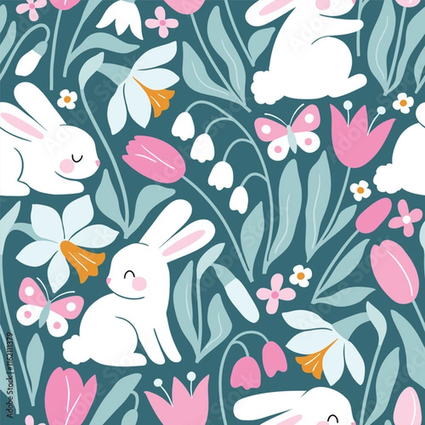 Fototapeta Seamless vector pattern with white rabbits on floral background. Hand drawn cute Easter bunny pattern. Perfect for textile, wallpaper or nursery print design.