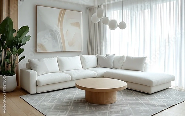 Fototapeta Modern minimalist living room with white sectional sofa, wooden coffee table, and large artwork.