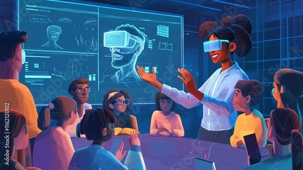 Fototapeta A diverse art teacher using VR to teach students in a creative virtual classroom, surrounded by students from various backgrounds, with a calming and warm atmosphere.