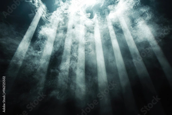 Fototapeta Light beams pierce through a smoky, dark atmosphere, creating a dramatic, mysterious scene.