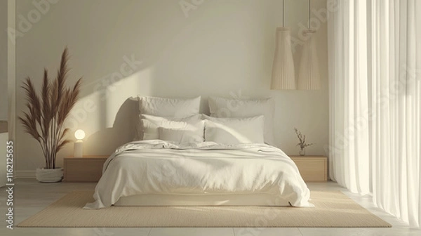 Fototapeta Serene bedroom with minimalist decor and natural light, relaxation space