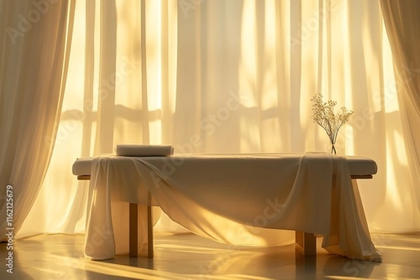 Obraz Massage table bathed in golden sunlight from window near curtains