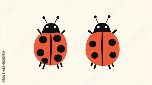 Fototapeta Two simple cartoon ladybugs, one with seven spots, the other with six, on a white background.
