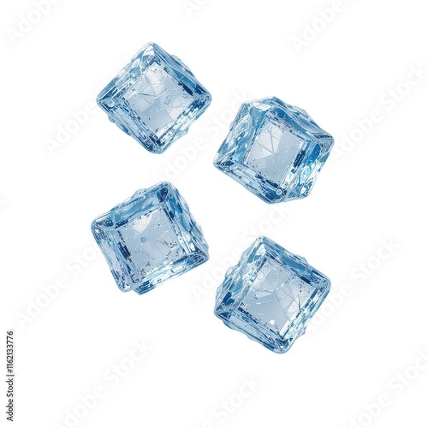 Fototapeta Four Clear Ice Cubes Falling Isolated on Transparent Background