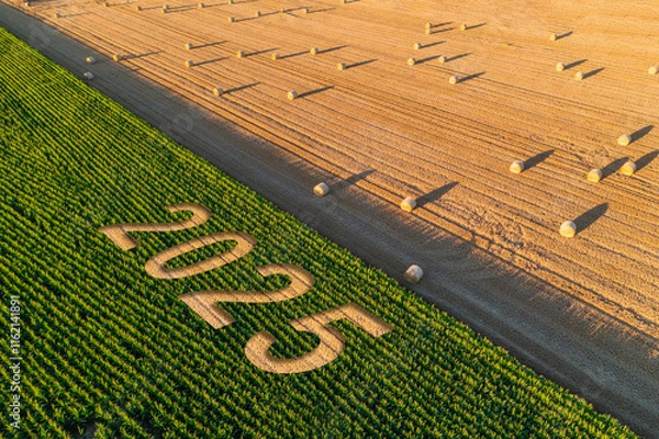 Obraz 2025 new year ecology concept. 2025 text in farmed field for environment care and earth health. Environment goals and decarbonation. Agriculture concept	