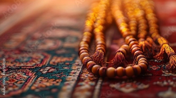 Fototapeta Close-Up of Prayer Beads on Ornate Persian Rug with Tassels. AI generated illustration