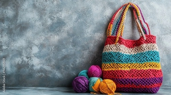 Fototapeta Colorful handmade crochet bag with yarn on gray background. AI generated illustration.