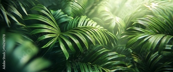 Fototapeta Lush green tropical foliage with sunlight.