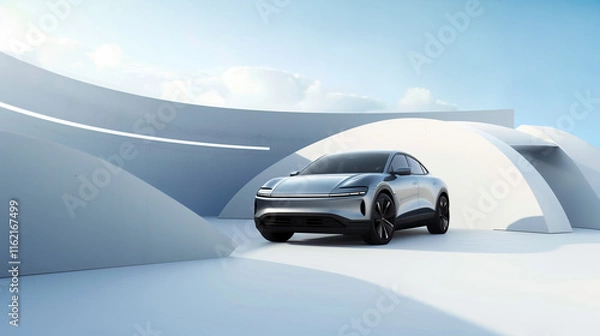 Fototapeta new energy vehicle is displayed in the center of an abstract background