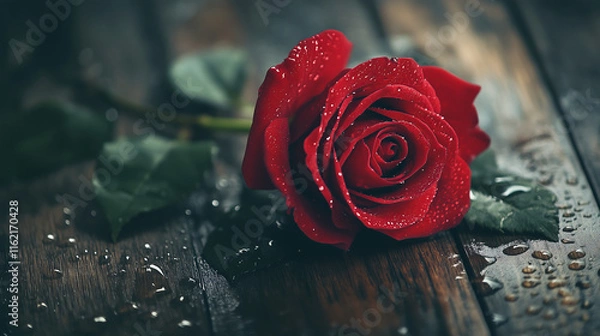 Fototapeta A single red rose with water droplets on old wooden table
