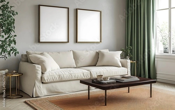 Fototapeta Modern living room interior with beige sofa, coffee table, and two empty frames.