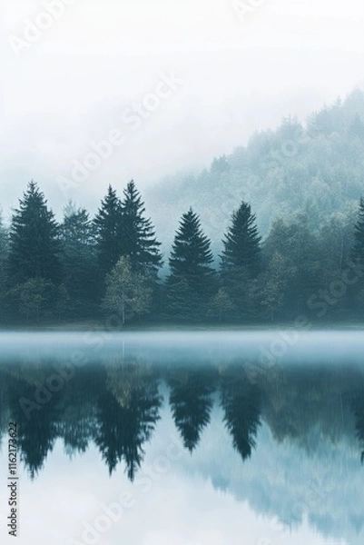 Fototapeta Fog is covering a lake and a forest of pine trees reflecting in the calm water, vertical