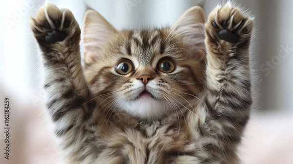 Fototapeta Fluffy Persian cat with paws raised, looking playful and curious