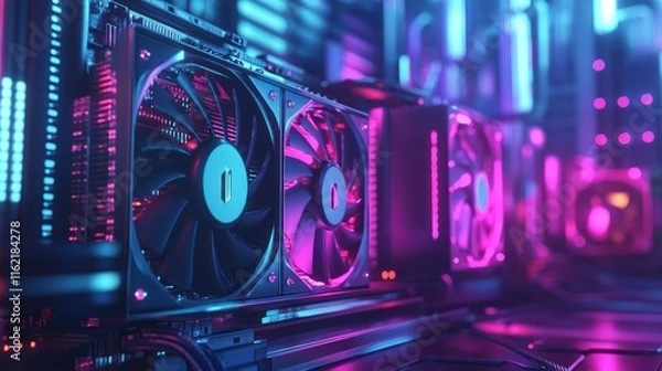 Fototapeta Dual GPUs in neon-lit computer case.