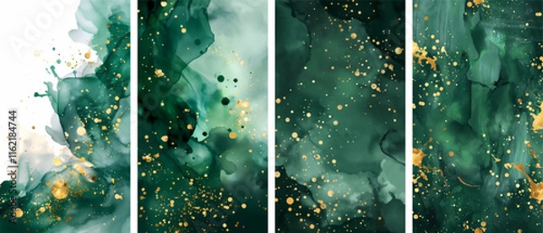 Fototapeta A set of four vibrant, abstract alcohol ink backgrounds showcasing a mesmerizing interplay of deep greens and gold glitter.