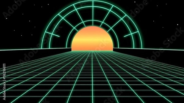 Fototapeta Retro Futuristic Grid Highway Sunset Tunnel Scene