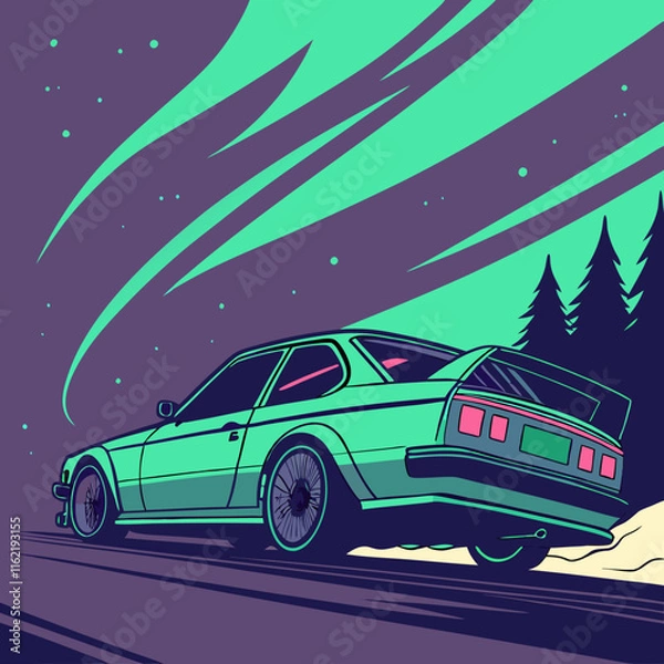 Obraz Dynamic vector art of a car racing under a sky illuminated by stunning aurora borealis. Perfect for automotive enthusiasts and nature-inspired designs.