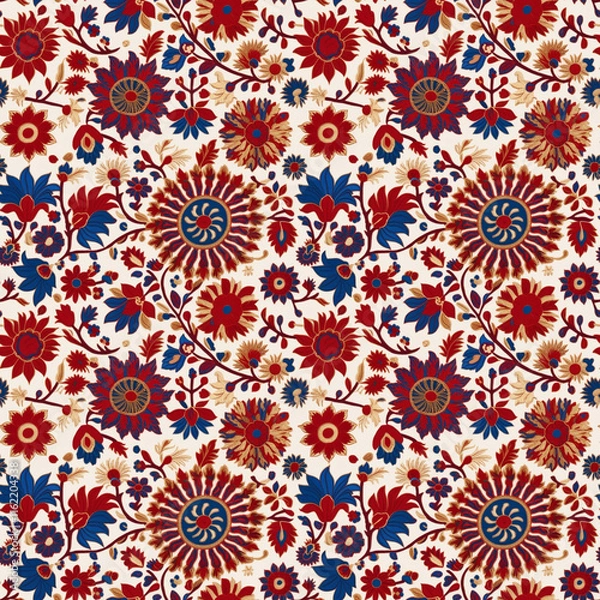 Fototapeta seamless pattern texture, Seamless floral pattern with vibrant red and blue flowers on a light cream background