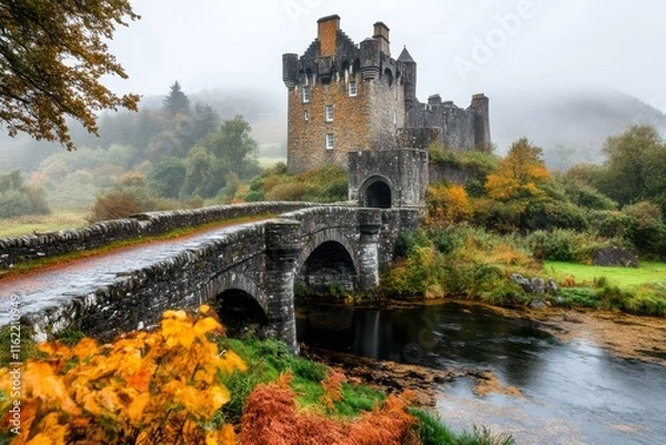 Obraz A historic Irish castle, such as Blarney Castle, surrounded by mist and ancient stone walls