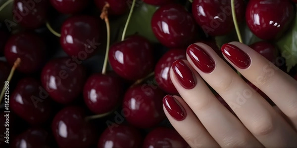 Fototapeta Сherry nail polish manicure on the background of ripe cherry berries, macro, close up, cherry polish nails backdrop