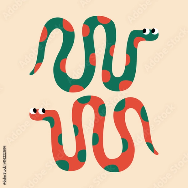 Obraz Tropical colorful snakes hand drawn vector illustration. Isolated mangrove serpents in flat style for logo, icon or poster.