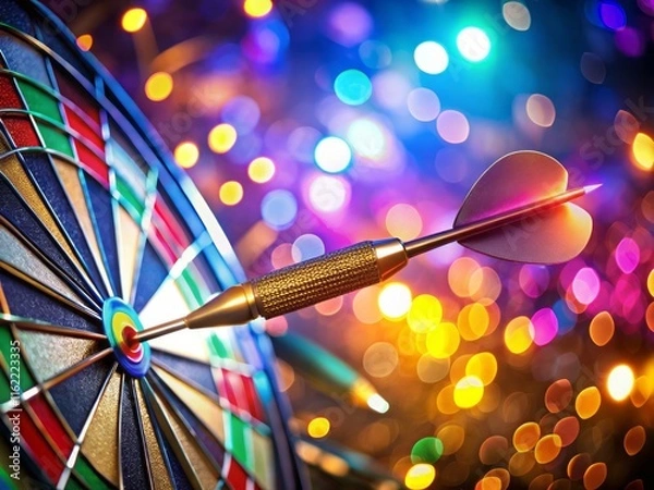 Fototapeta Colorful Darts Striking Bullseye Target with Vibrant Bokeh Background - Stock Photo