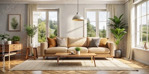 Fototapeta Cozy Beige Scandinavian Living Room Interior Design Stock Photo