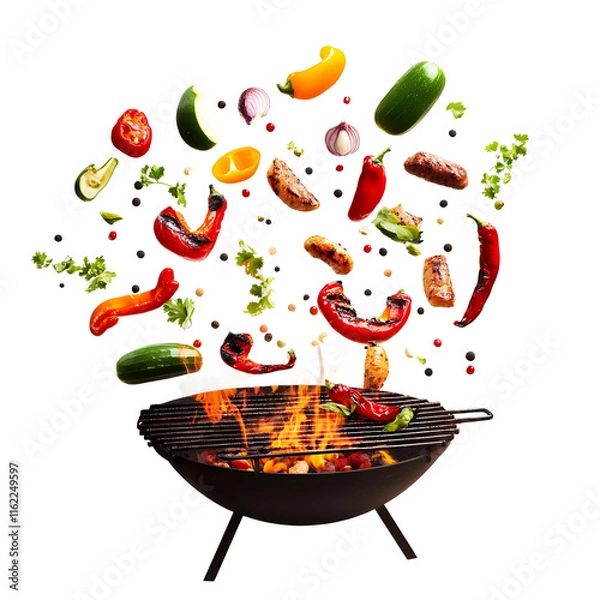 Fototapeta Vegetables flying above a grill isolated on a transparent background