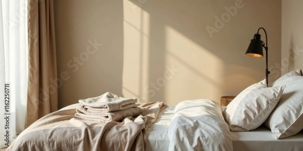 Fototapeta Sunlight Illuminates a Calm and Serene Bedroom with Soft Neutral Bedding and Folded Towels
