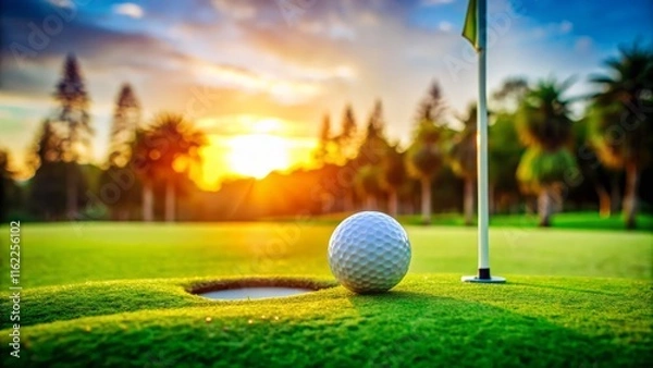 Fototapeta Golf Ball on Putting Green with Flag in Soft Focus Background - Stock Photo